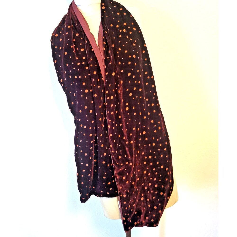 Gorgeous Velvet Burnout Polka Dot Scarf Burgundy Orange Silk Liner 76in by 11in